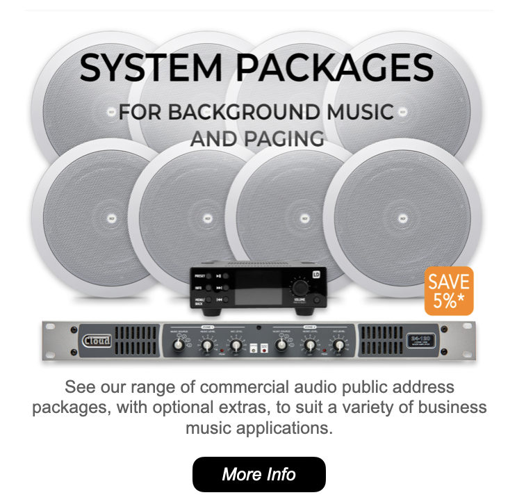 'Off the Shelf' Background Music Systems A complete background music system package including ceiling speakers and an Amp with Bluetooth